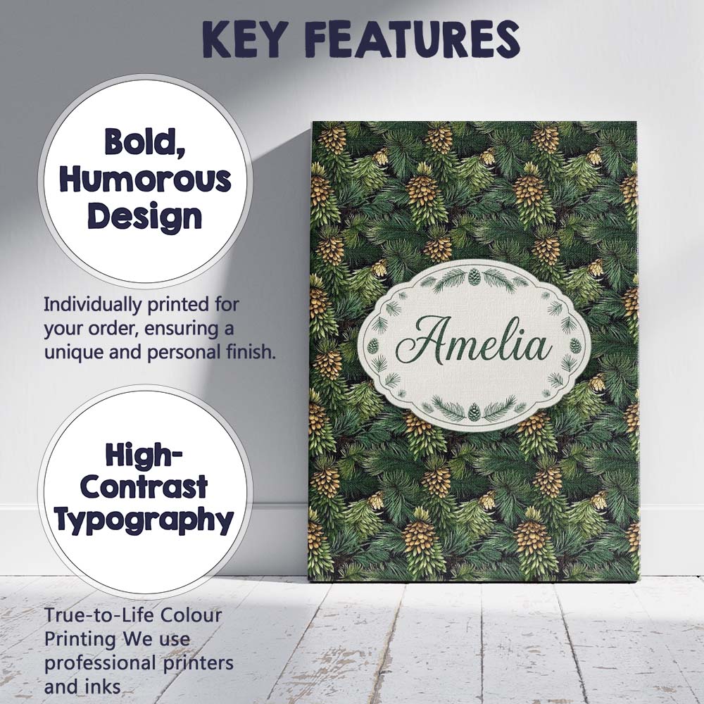 Personalised Name Lush Pine Cone Foliage Custom Unique Gift Idea Elegant Feature Canvas Wall Art Print Decor Picture Ready to Hang