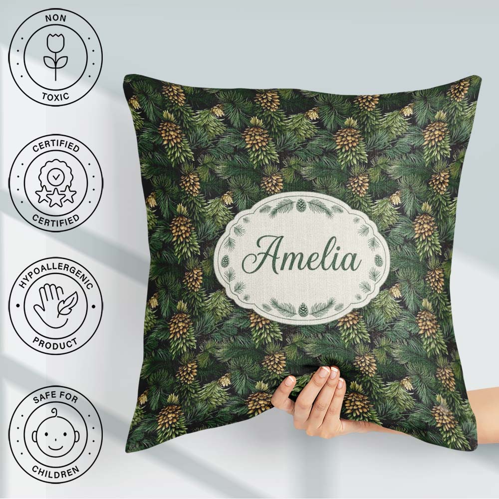 Custom Name Lush Pine Cone Foliage Dense Forest Seamless Pattern Square Filled Cushion Throw Pillow Sofa Bed Home Decor Zip Washable UK Made