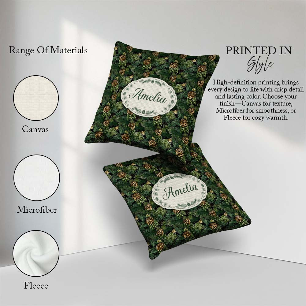 Custom Name Lush Pine Cone Foliage Dense Forest Seamless Pattern Square Filled Cushion Throw Pillow Sofa Bed Home Decor Zip Washable UK Made