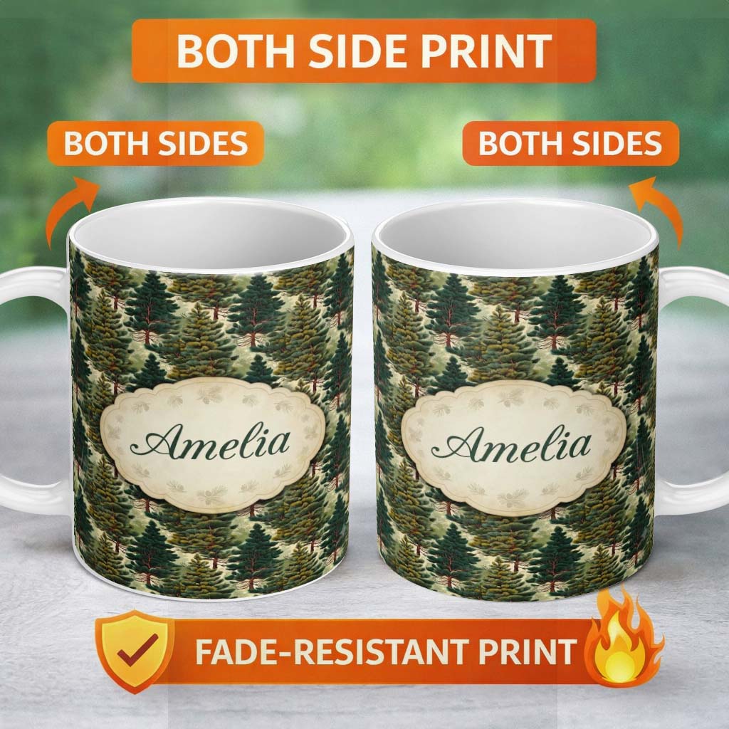 Personalized Custom Name Lush Evergreen Pine Trees Forest Seamless Pattern Name Cute Unique 11oz Ceramic Coffee Tea Mug White Large Handle