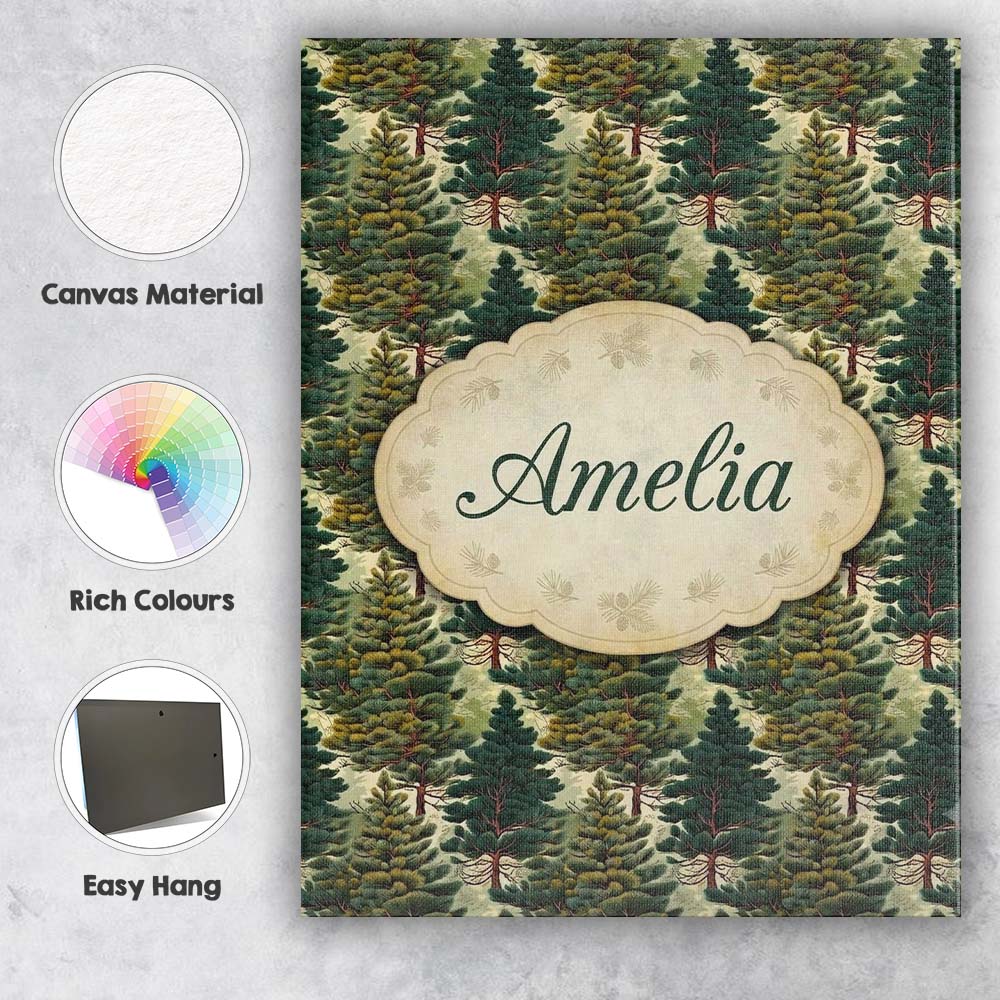 Personalised Name Lush Evergreen Pine Trees Custom Bespoke Interior Contemporary Canvas Wall Art Print Decor Picture Ready to Hang