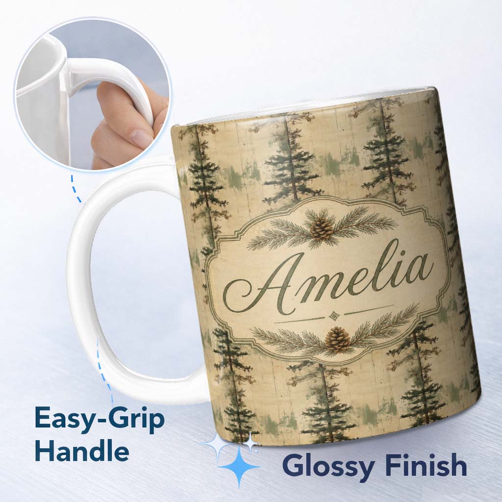 Personalized Custom Name Minimalist Tall Pine Tree Rustic Seamless Pattern Name Cute Unique 11oz Ceramic Coffee Tea Mug White Large Handle