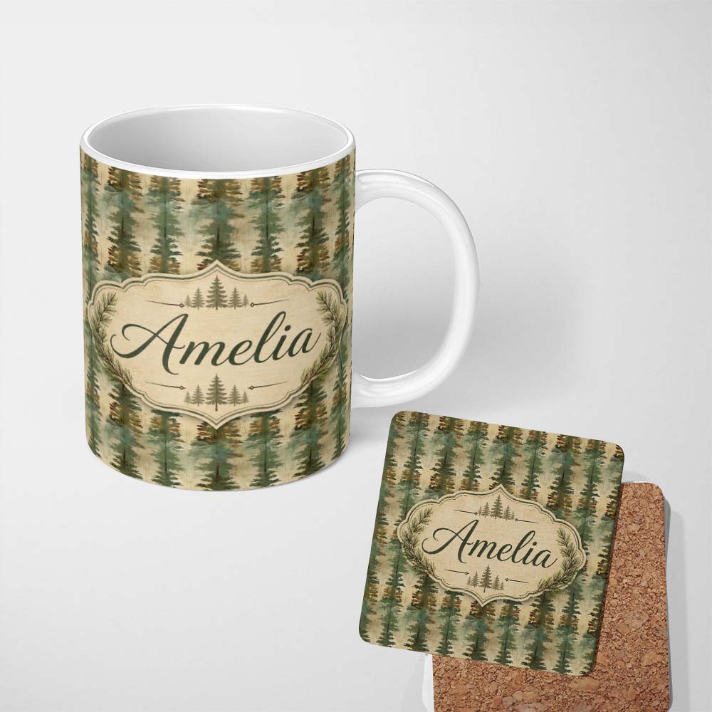 Personalized Custom Name Abstract Forest Pine Tree Artistic Seamless Pattern Name Cute 11oz Ceramic Coffee Tea Mug White Large Handle