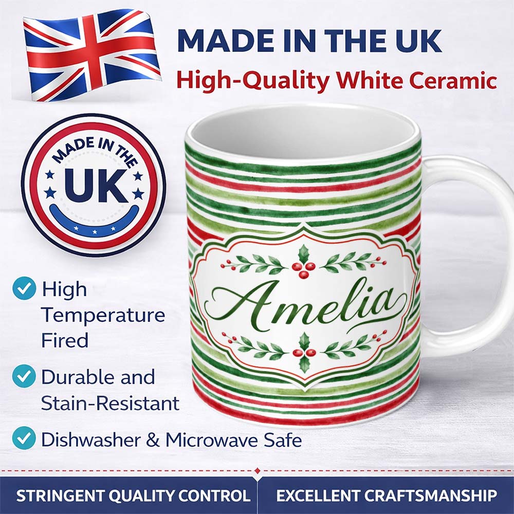 Personalized Custom Name Watercolor Red Green Horizontal Stripe Christmas Seamless Pattern 11oz Ceramic Coffee Tea Mug White Large Handle