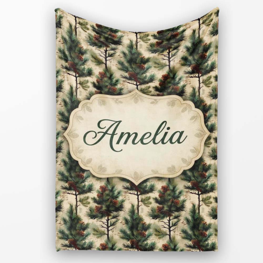 Watercolor Pine Woodland Nature Seamless Pattern Name Cute Unique Personalised Custom Name Super Soft Fleece Blanket Bed Sofa Throw