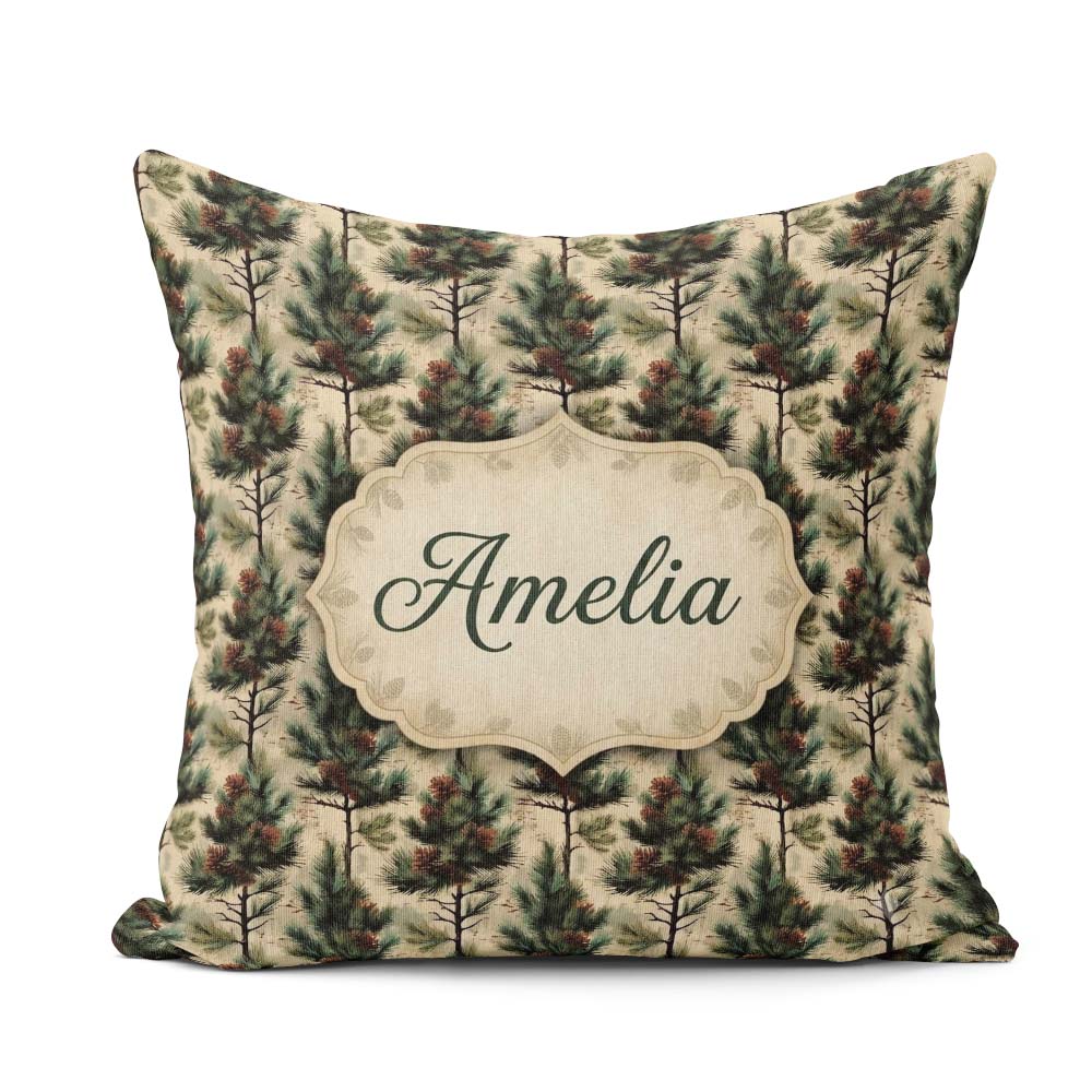 Custom Name Watercolor Pine Woodland Seamless Pattern Name Cute Square Filled Cushion Throw Pillow Sofa Bed Home Decor Zip Washable UK Made