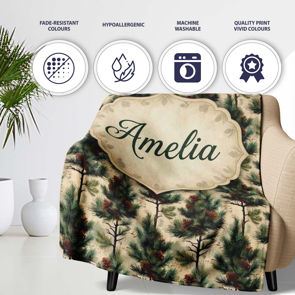 Watercolor Pine Woodland Nature Seamless Pattern Name Cute Unique Personalised Custom Name Super Soft Fleece Blanket Bed Sofa Throw