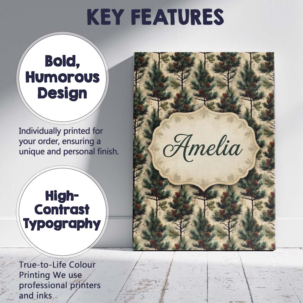 Personalised Name Watercolor Pine Woodland Custom Unique Gift Idea Elegant Feature Canvas Wall Art Print Decor Picture Ready to Hang