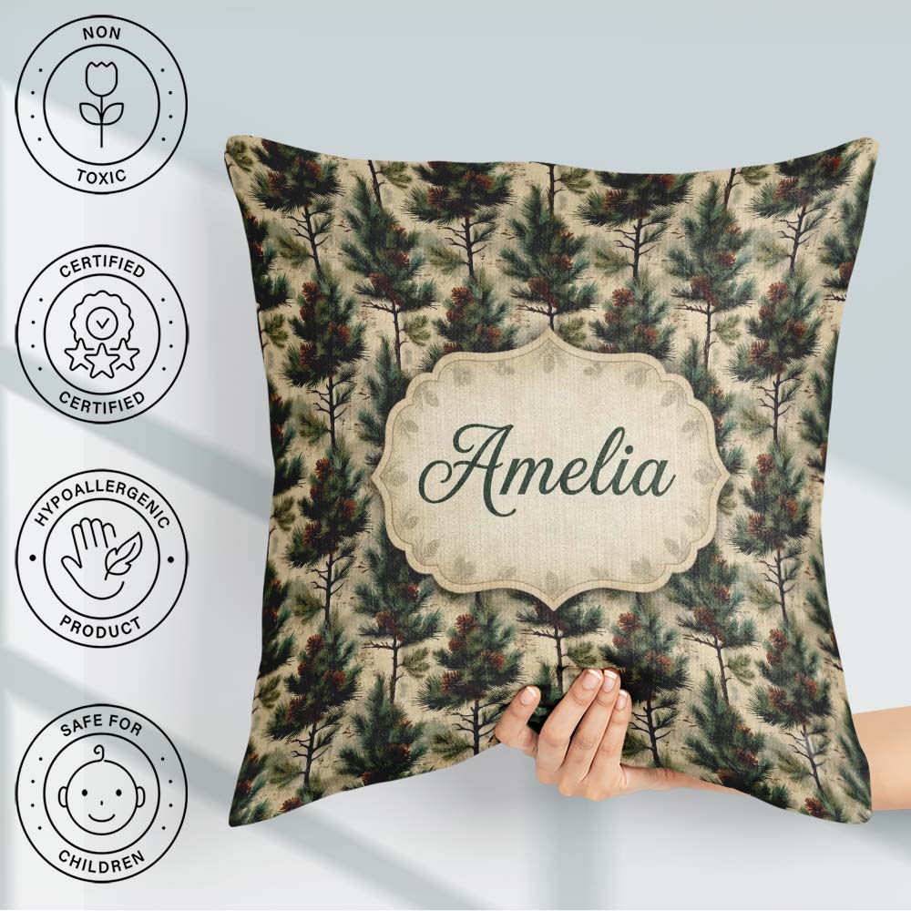 Custom Name Watercolor Pine Woodland Seamless Pattern Name Cute Square Filled Cushion Throw Pillow Sofa Bed Home Decor Zip Washable UK Made