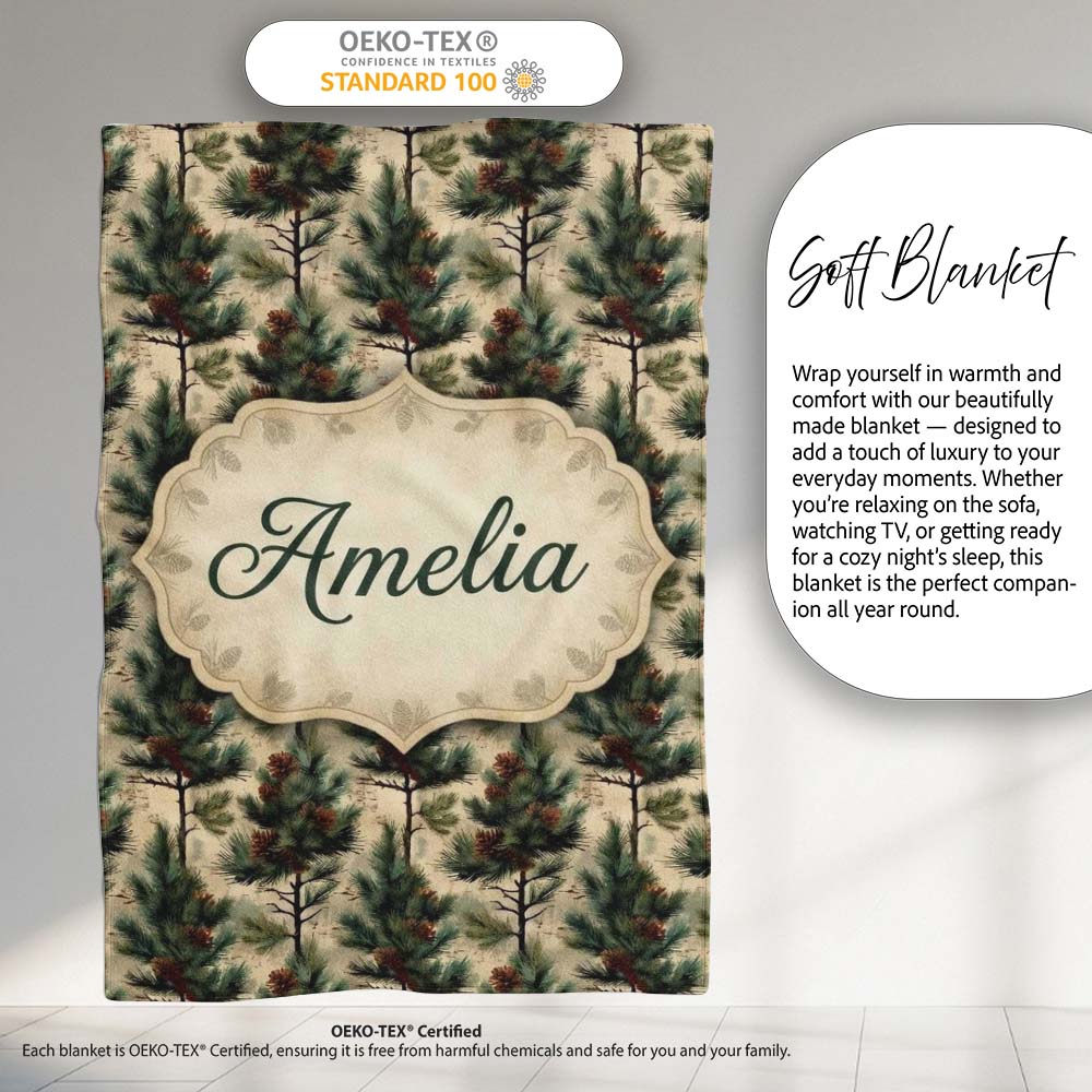 Watercolor Pine Woodland Nature Seamless Pattern Name Cute Unique Personalised Custom Name Super Soft Fleece Blanket Bed Sofa Throw