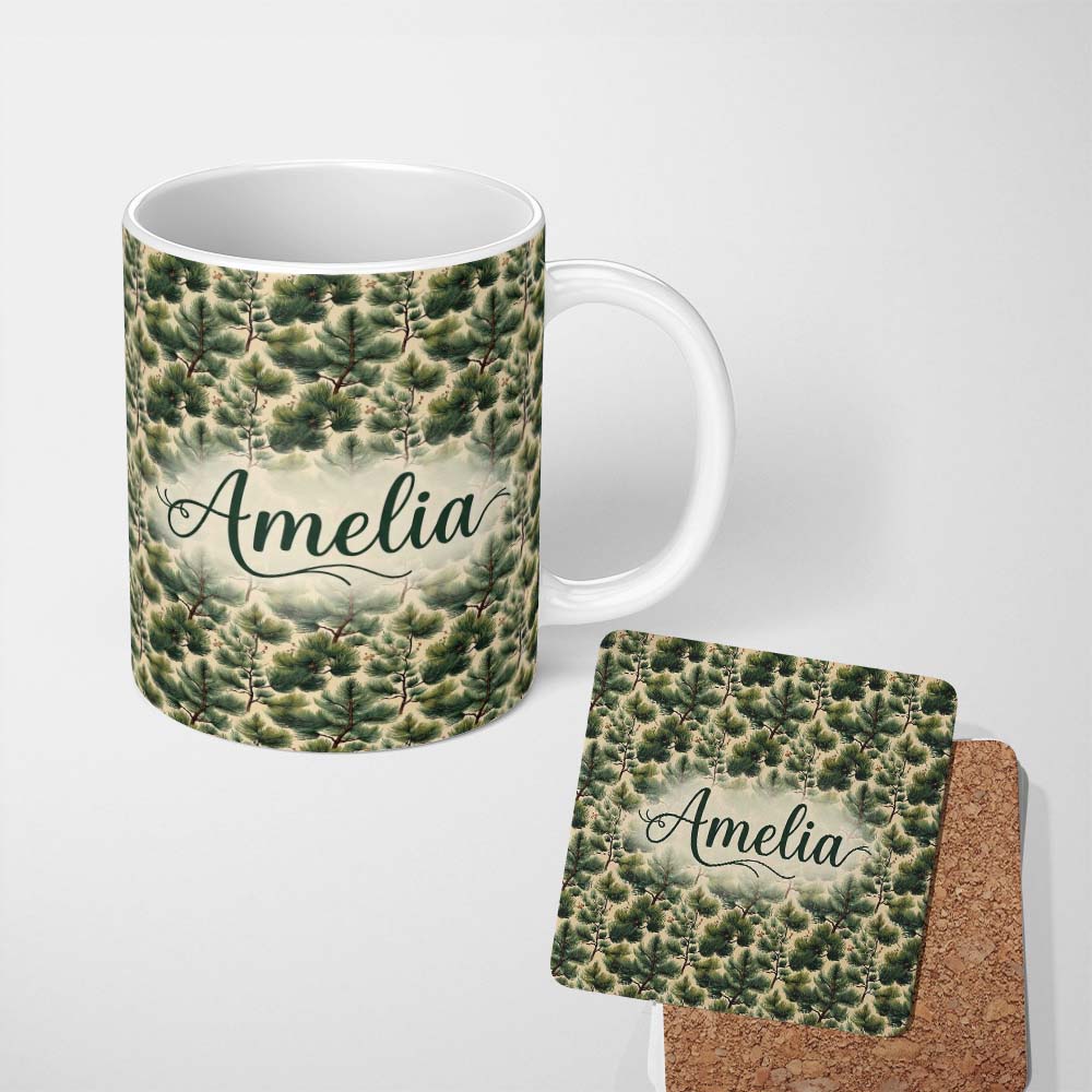 Personalized Custom Name Pine Branches with Cones Vintage Botanical Seamless Pattern Name 11oz Ceramic Coffee Tea Mug White Large Handle