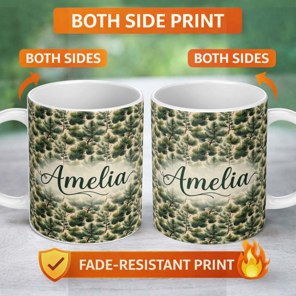 Personalized Custom Name Pine Branches with Cones Vintage Botanical Seamless Pattern Name 11oz Ceramic Coffee Tea Mug White Large Handle