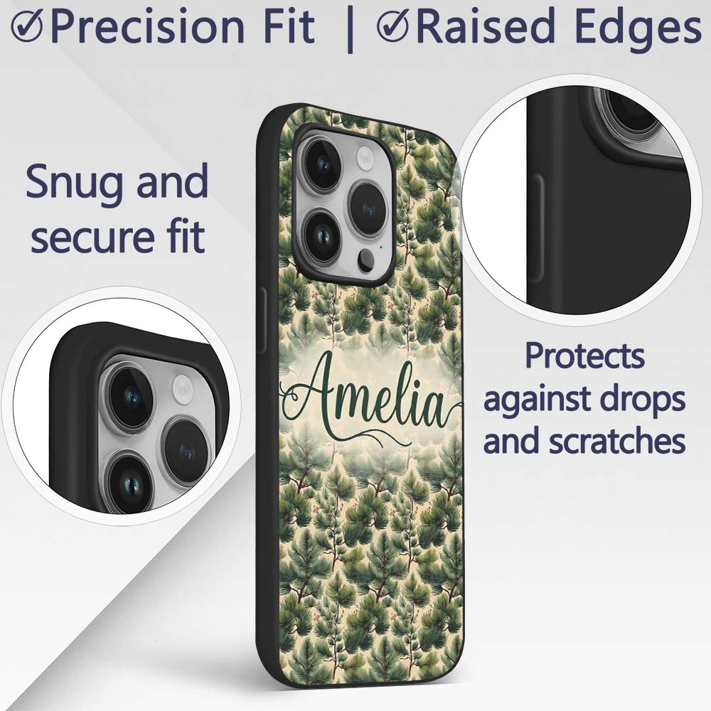 Pine Branches with Cones Vintage Printed Design Custom Name Protective Phone Case Mobile Cover Durable Everyday Smartphone Shock Resistant