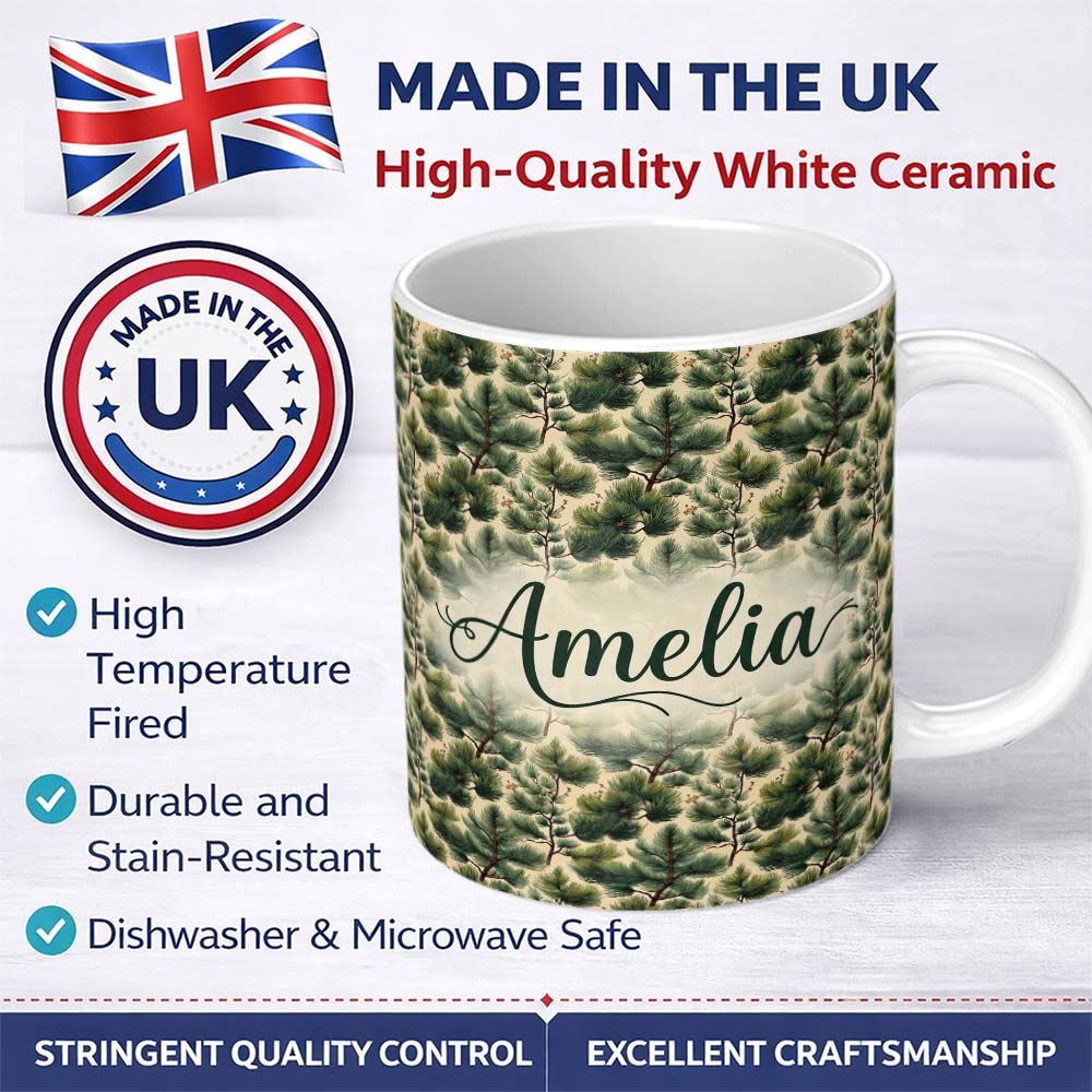 Personalized Custom Name Pine Branches with Cones Vintage Botanical Seamless Pattern Name 11oz Ceramic Coffee Tea Mug White Large Handle
