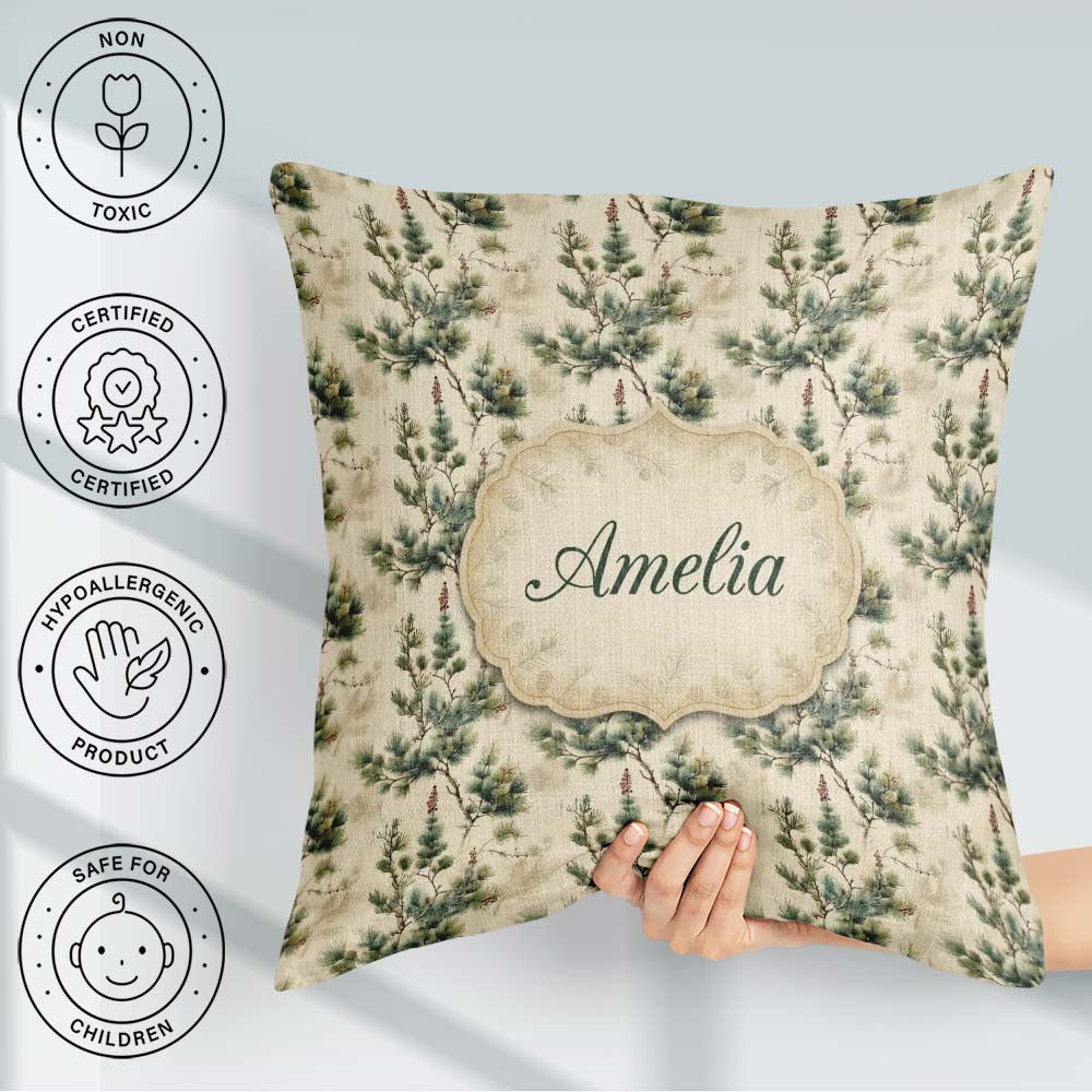 Custom Name Elegant Pine Leaves Nature Repeat Seamless Name Cute Square Filled Cushion Throw Pillow Sofa Bed Home Decor Zip Washable UK Made