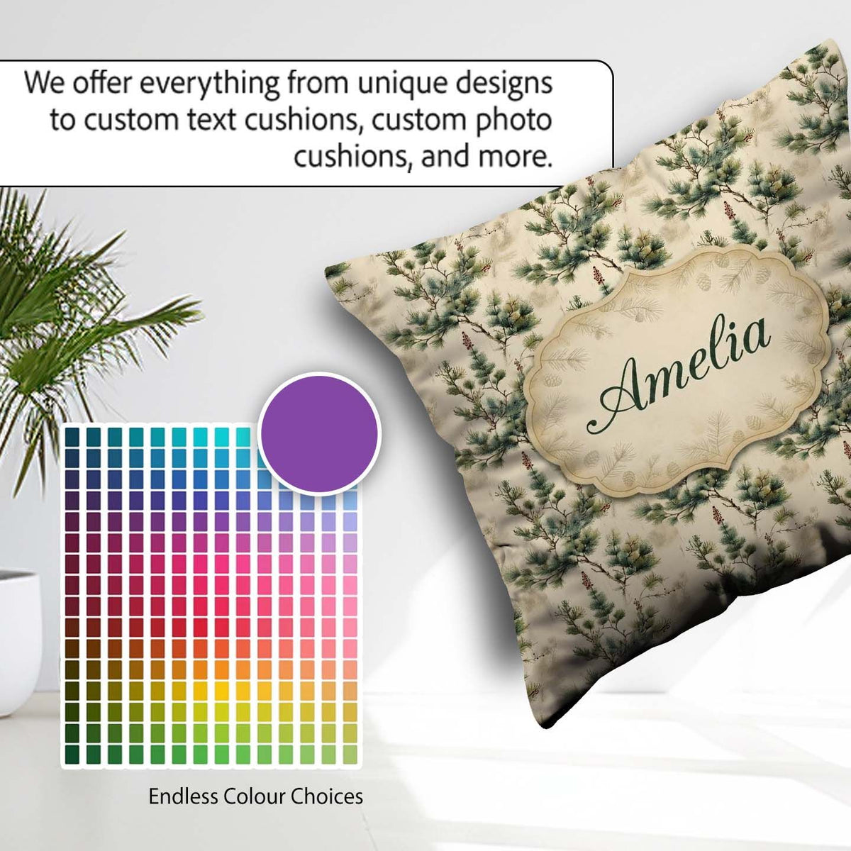 Custom Name Elegant Pine Leaves Nature Repeat Seamless Name Cute Square Filled Cushion Throw Pillow Sofa Bed Home Decor Zip Washable UK Made