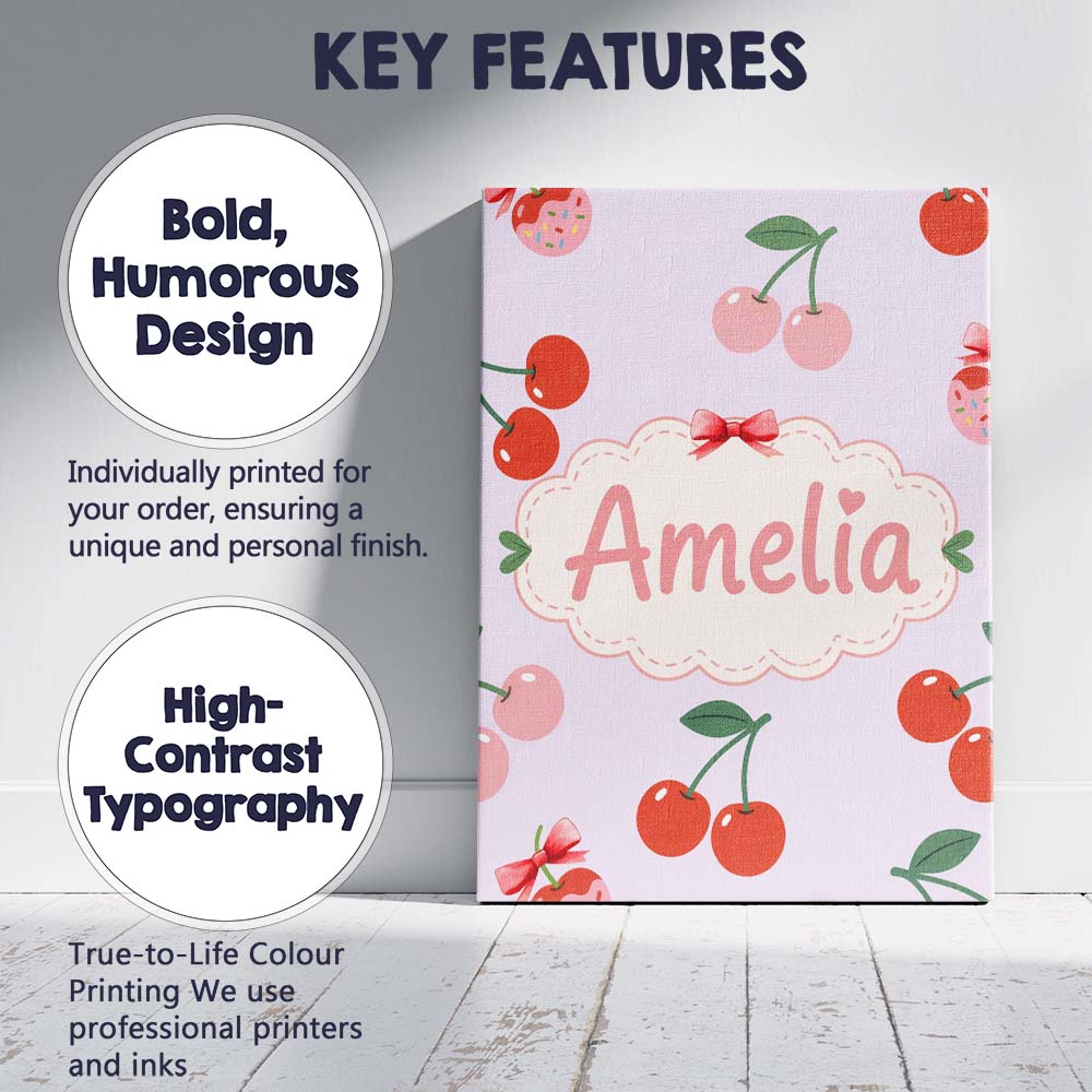 Personalised Name Cherry Fruit Muted Sage Background Minimal Seamless Custom Home Unique Canvas Wall Art Print Decor Picture Ready to Hang