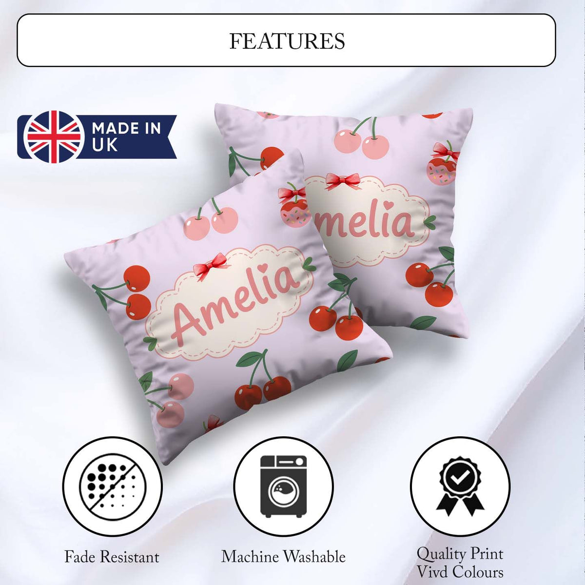 Custom Name Fruit Muted Sage Background Minimal Seamless Pattern Square Filled Cushion Throw Pillow Sofa Bed Home Decor Zip Washable UK Made