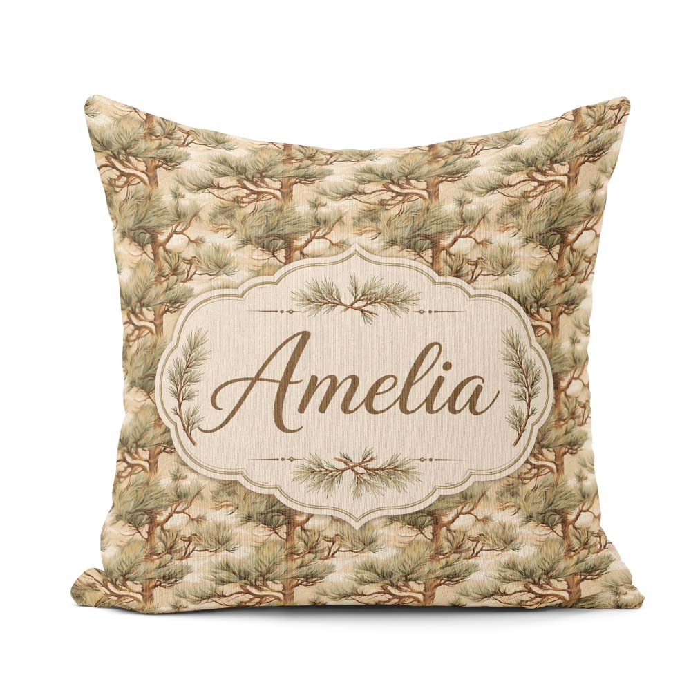 Custom Name Elegant Bonsai Pine Tree Botanical Pattern Name Cute Square Filled Cushion Throw Pillow Sofa Bed Home Decor Zip Washable UK Made