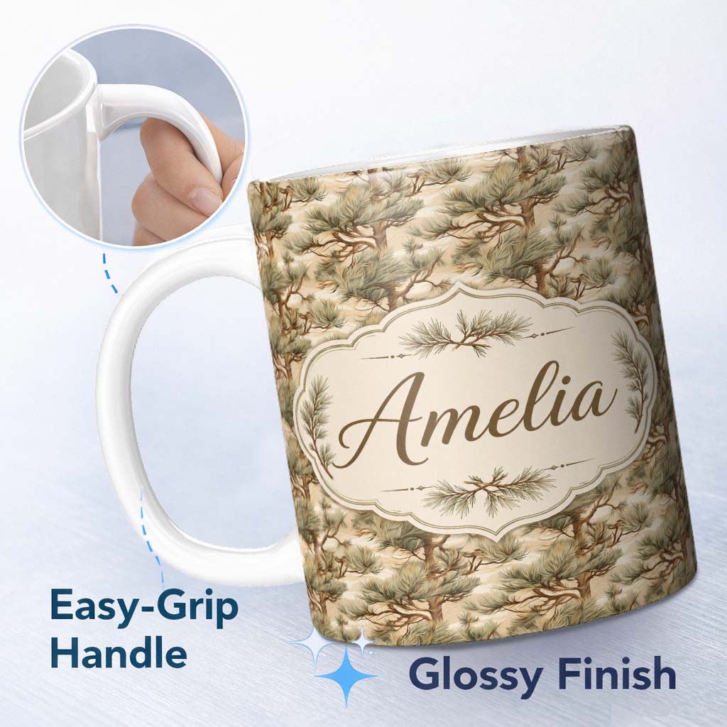 Personalized Custom Name Elegant Bonsai Pine Tree Botanical Seamless Pattern Name Cute 11oz Ceramic Coffee Tea Mug White Large Handle
