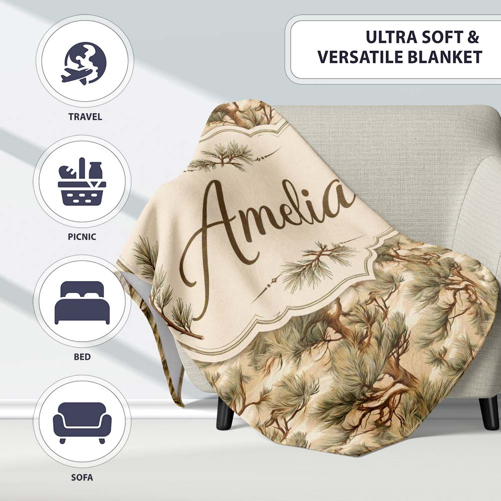 Elegant Bonsai Pine Tree Botanical Seamless Pattern Name Cute Personalised Custom Name Super Soft Fleece Blanket Bed Sofa Throw