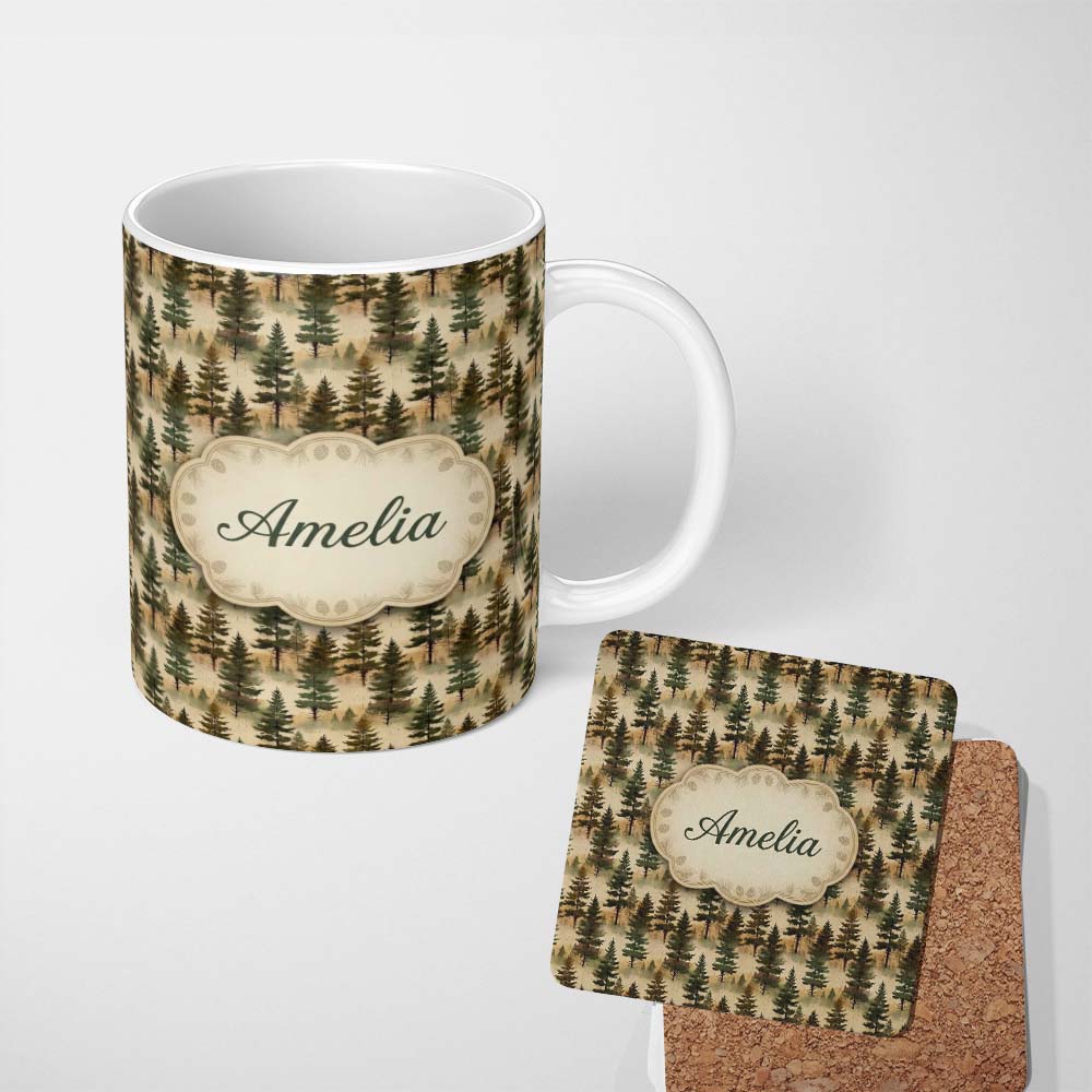 Personalized Custom Name Vintage Forest Pine Trees Landscape Seamless Pattern Name Cute 11oz Ceramic Coffee Tea Mug White Large Handle