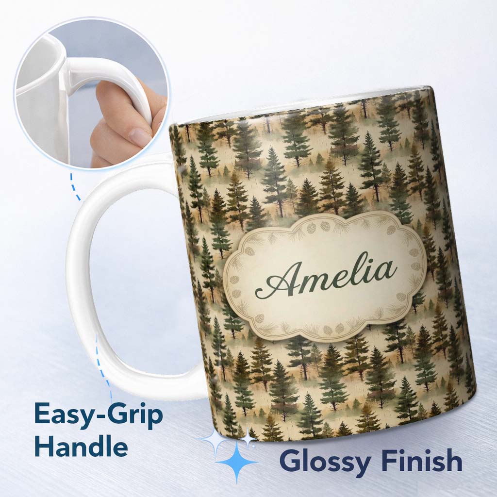 Personalized Custom Name Vintage Forest Pine Trees Landscape Seamless Pattern Name Cute 11oz Ceramic Coffee Tea Mug White Large Handle