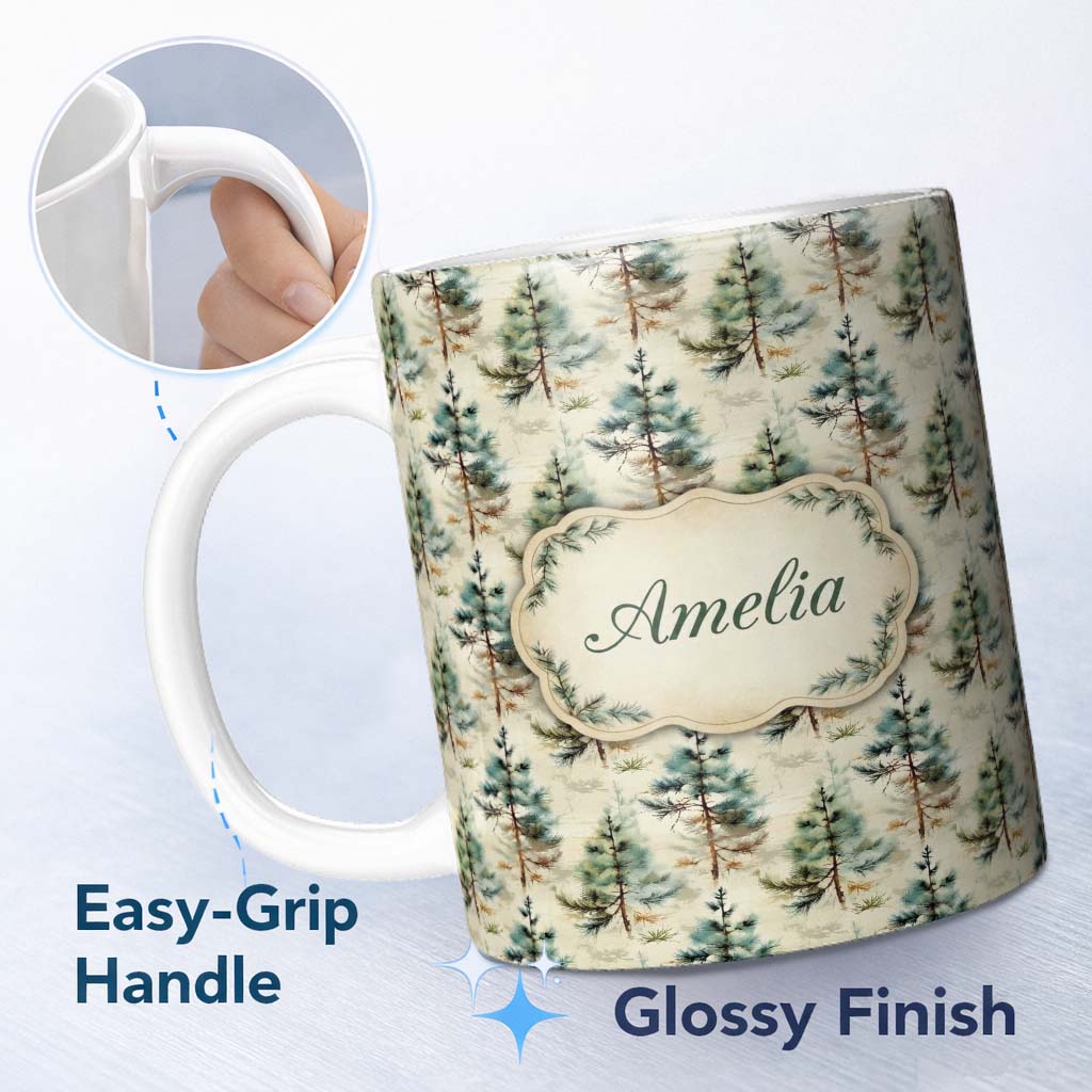 Personalized Custom Name Soft Watercolor Pine Tree Nature Seamless Pattern Name Cute Unique 11oz Ceramic Coffee Tea Mug White Large Handle