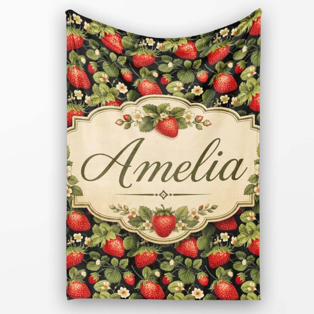 Wild Strawberry Fruit Floral Dark Background Seamless Pattern Name Personalised Custom Name Super Soft Fleece Blanket Bed Sofa Throw