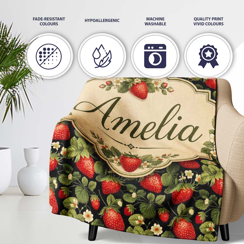 Wild Strawberry Fruit Floral Dark Background Seamless Pattern Name Personalised Custom Name Super Soft Fleece Blanket Bed Sofa Throw
