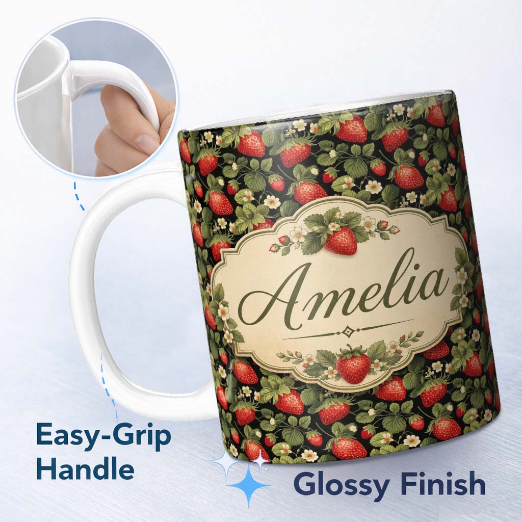 Personalized Custom Name Wild Strawberry Fruit Floral Dark Background Seamless Pattern Name 11oz Ceramic Coffee Tea Mug White Large Handle