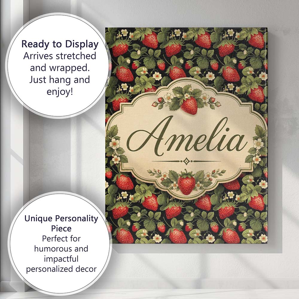 Personalised Name Wild Strawberry Fruit Custom Modern Room Accent Elegant Feature Canvas Wall Art Print Decor Picture Ready to Hang