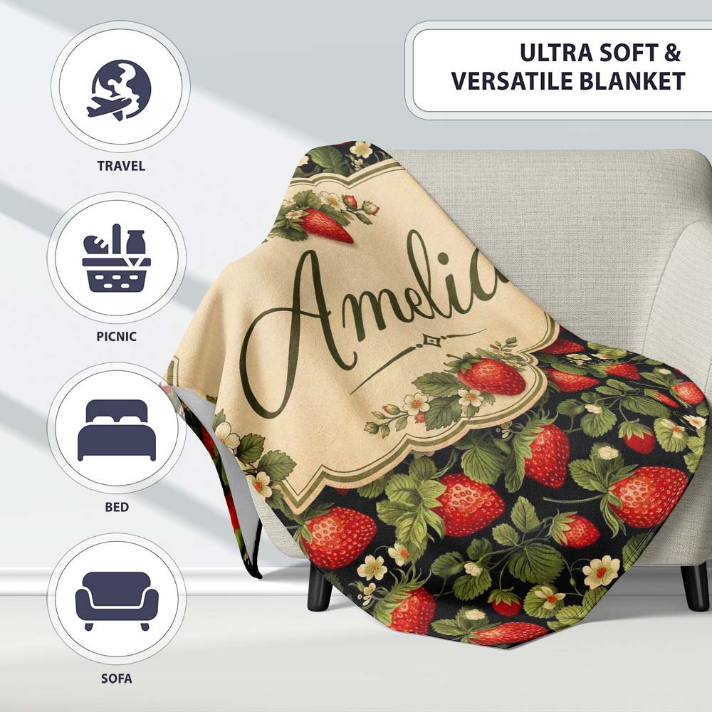 Wild Strawberry Fruit Floral Dark Background Seamless Pattern Name Personalised Custom Name Super Soft Fleece Blanket Bed Sofa Throw