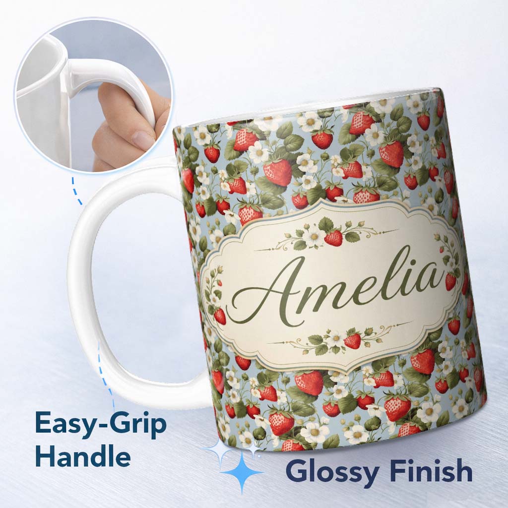 Personalized Custom Name Strawberry Blossom Garden Botanical Blue Background Seamless 11oz Ceramic Coffee Tea Mug White Large Handle