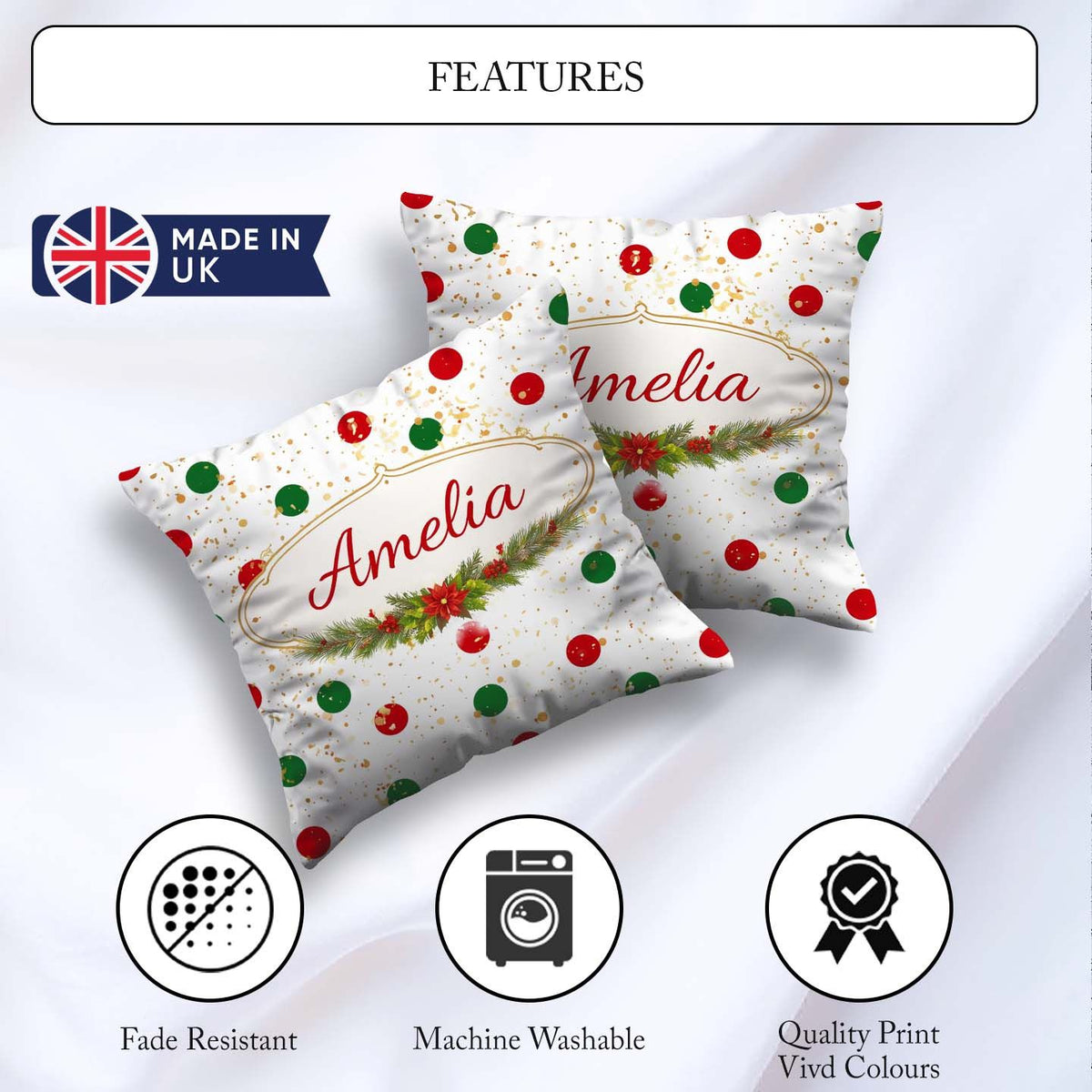 Custom Name Red and Green Polka Dots with Gold Splatter Seamless Square Filled Cushion Throw Pillow Sofa Bed Home Decor Zip Washable UK Made