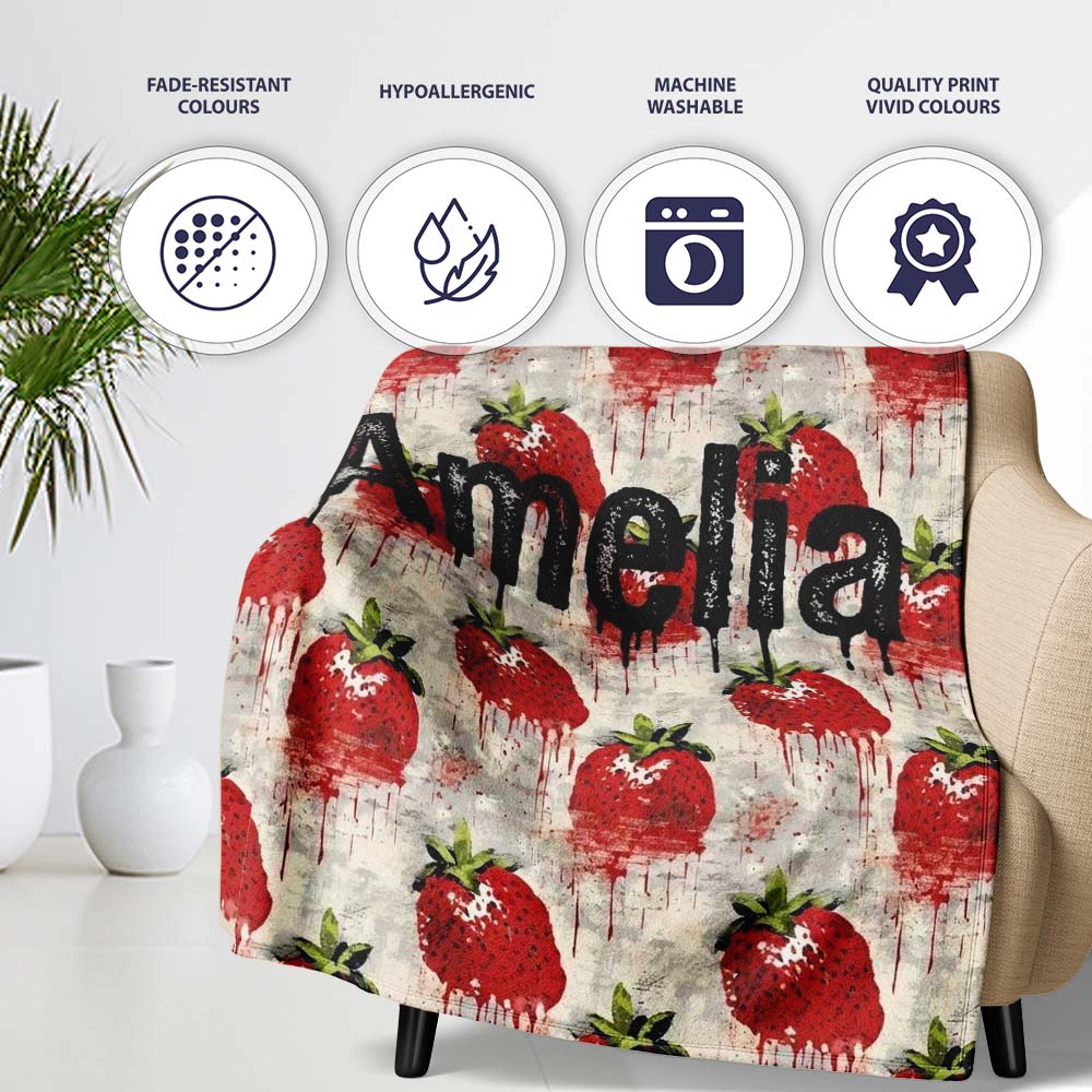 Grunge Strawberry Fruit Drip Artistic Seamless Pattern Name Cute Personalised Custom Name Super Soft Fleece Blanket Bed Sofa Throw