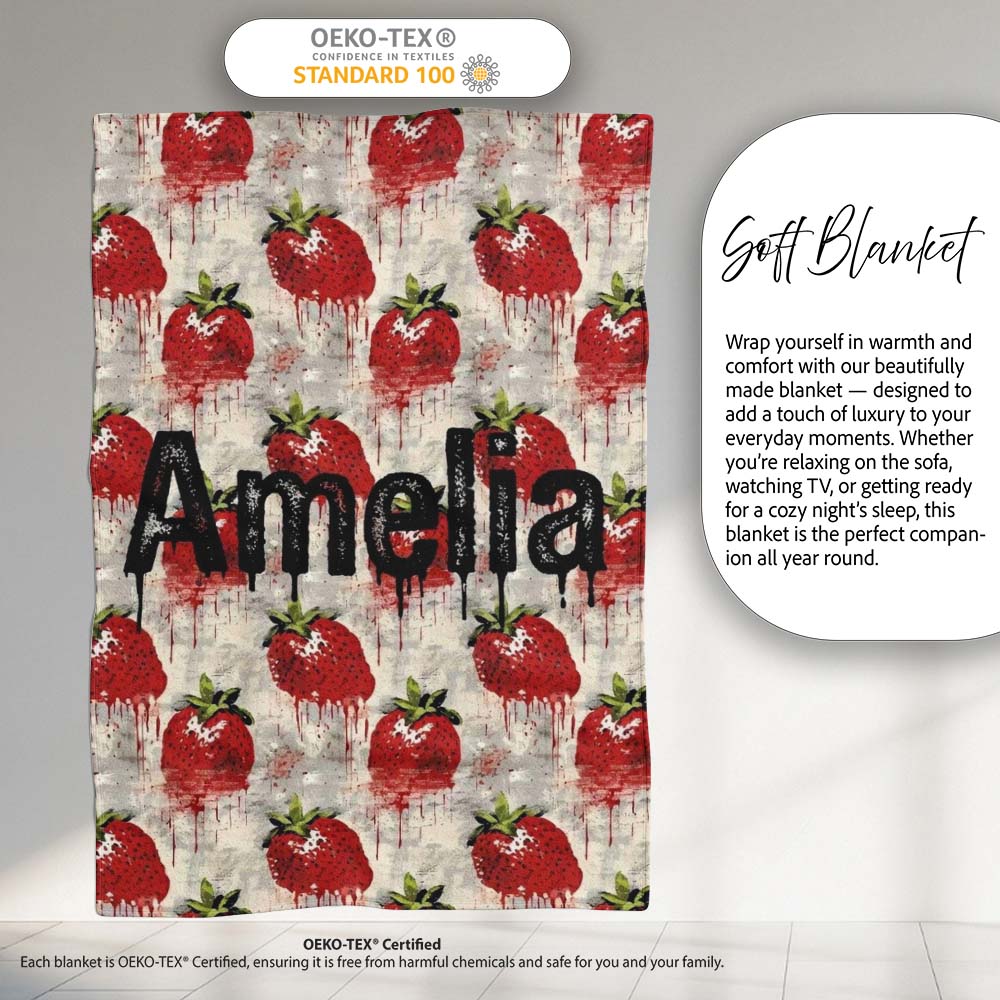 Grunge Strawberry Fruit Drip Artistic Seamless Pattern Name Cute Personalised Custom Name Super Soft Fleece Blanket Bed Sofa Throw