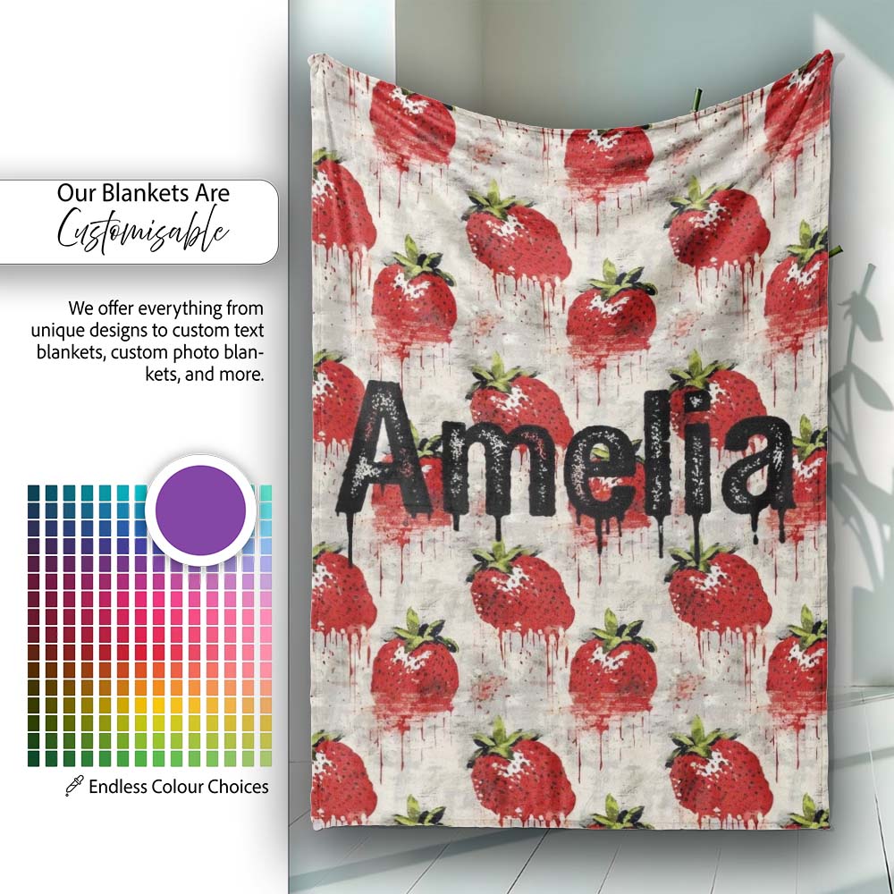 Grunge Strawberry Fruit Drip Artistic Seamless Pattern Name Cute Personalised Custom Name Super Soft Fleece Blanket Bed Sofa Throw