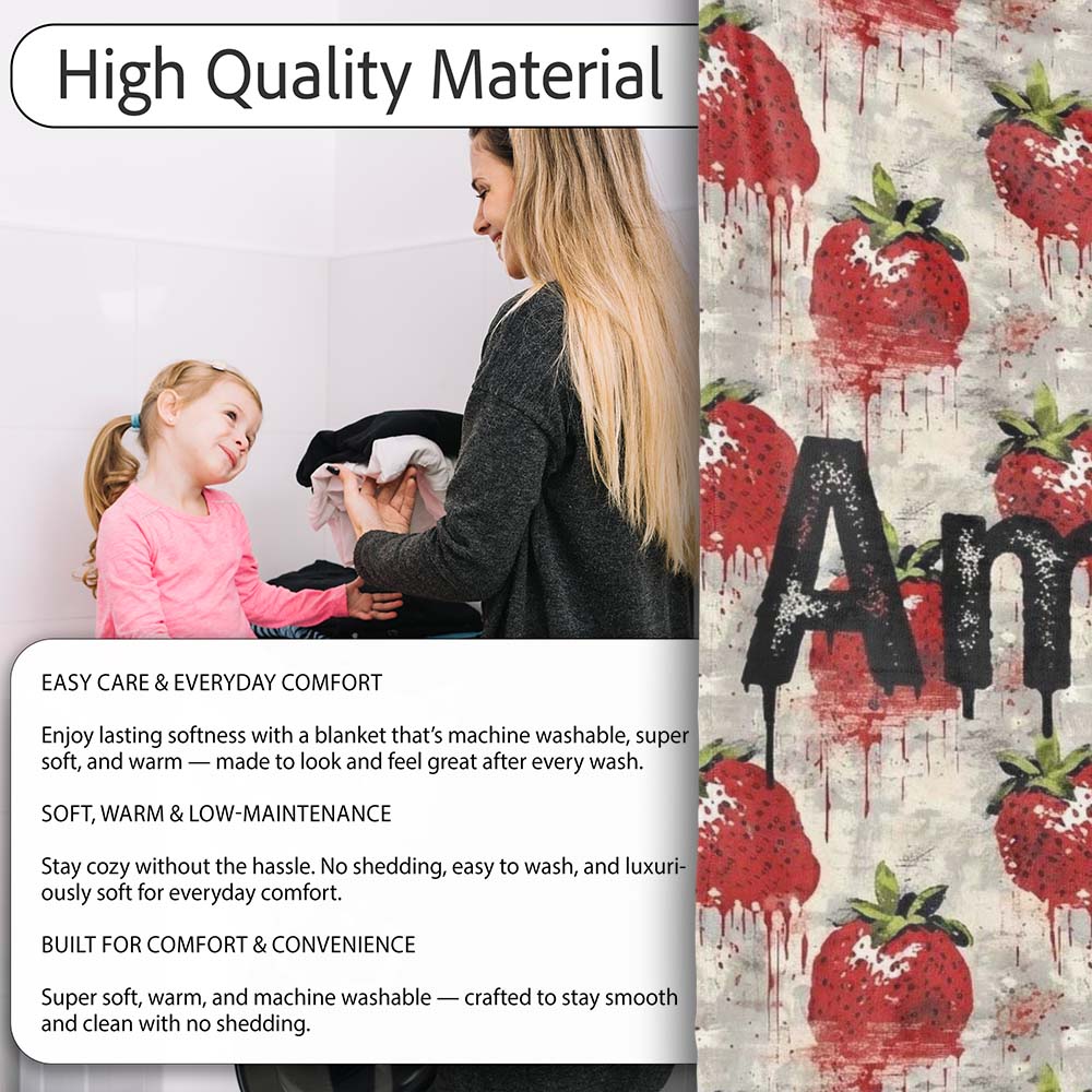 Grunge Strawberry Fruit Drip Artistic Seamless Pattern Name Cute Personalised Custom Name Super Soft Fleece Blanket Bed Sofa Throw