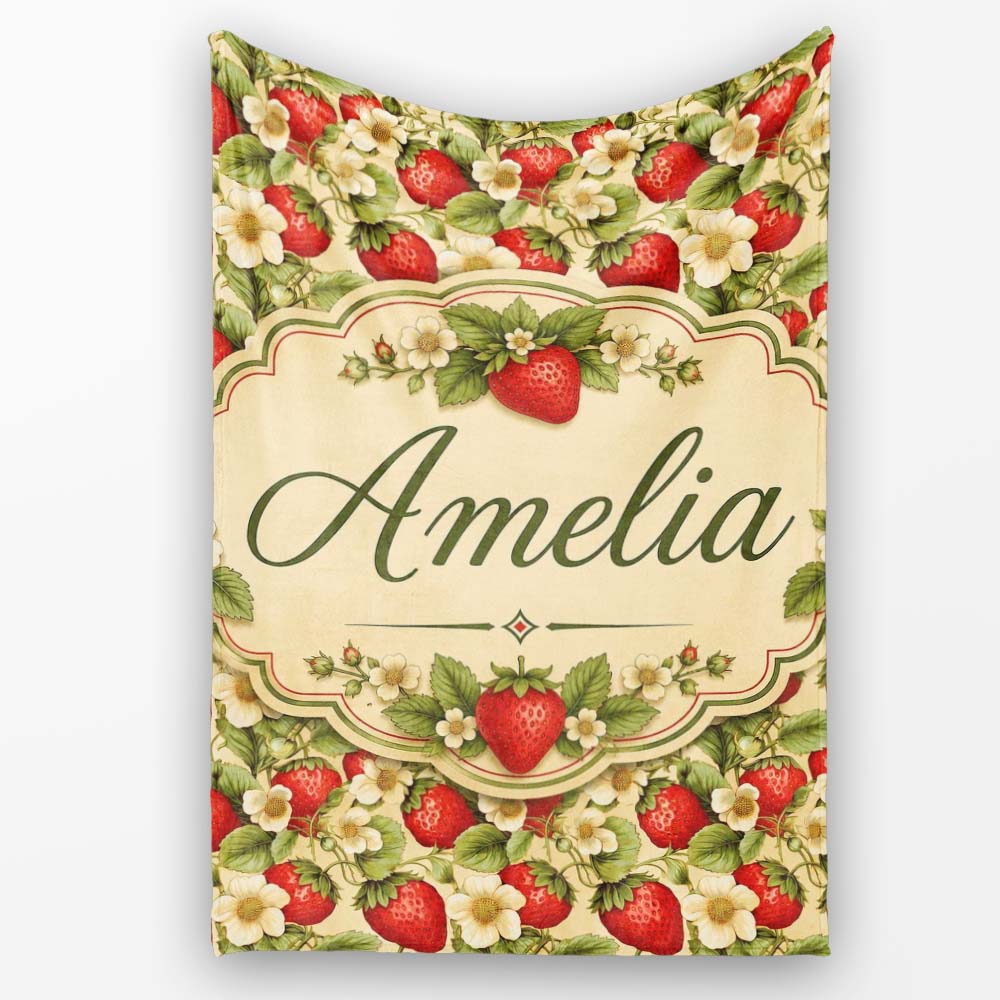 Fresh Strawberry Flower Botanical Cream Seamless Pattern Name Cute Personalised Custom Name Super Soft Fleece Blanket Bed Sofa Throw