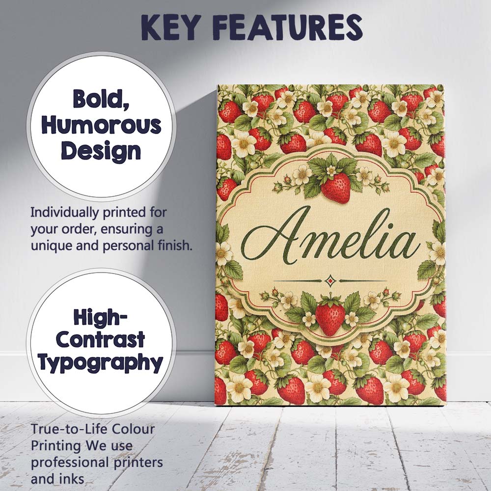 Personalised Name Fresh Strawberry Flower Custom Unique Gift Idea Elegant Feature Canvas Wall Art Print Decor Picture Ready to Hang