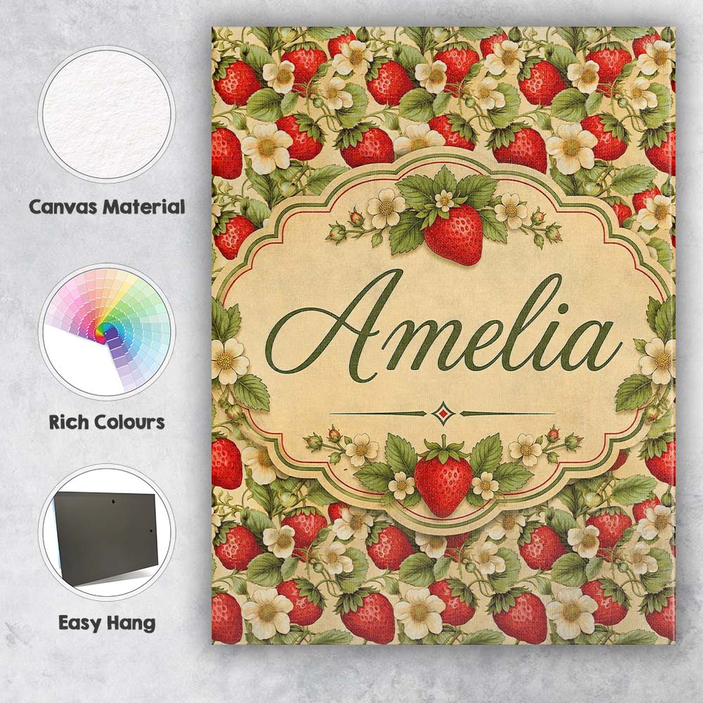 Personalised Name Fresh Strawberry Flower Custom Unique Gift Idea Elegant Feature Canvas Wall Art Print Decor Picture Ready to Hang