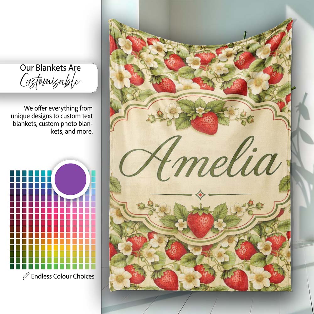 Fresh Strawberry Flower Botanical Cream Seamless Pattern Name Cute Personalised Custom Name Super Soft Fleece Blanket Bed Sofa Throw