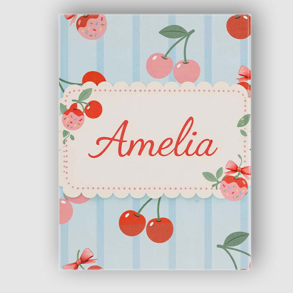 Personalised Name Cherry Fruit Vertical Stripe Blue Background Custom Modern Room Accent Canvas Wall Art Print Decor Picture Ready to Hang