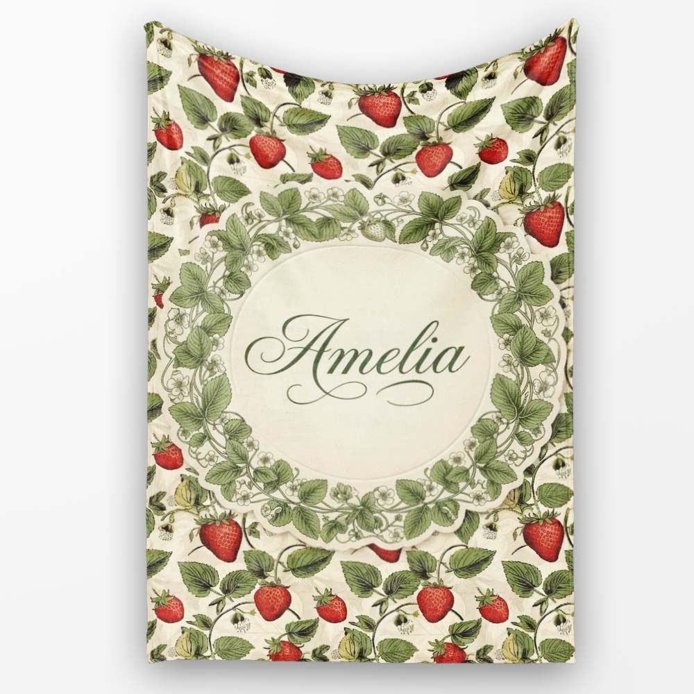 Vintage Strawberry Vine Rustic Wood Background Seamless Pattern Personalised Custom Name Super Soft Fleece Blanket Bed Sofa Throw