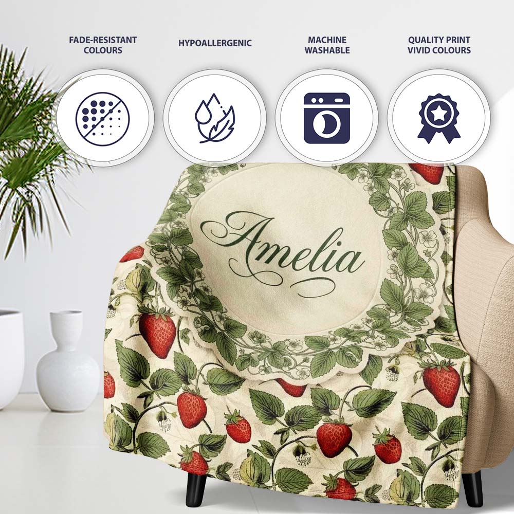 Vintage Strawberry Vine Rustic Wood Background Seamless Pattern Personalised Custom Name Super Soft Fleece Blanket Bed Sofa Throw