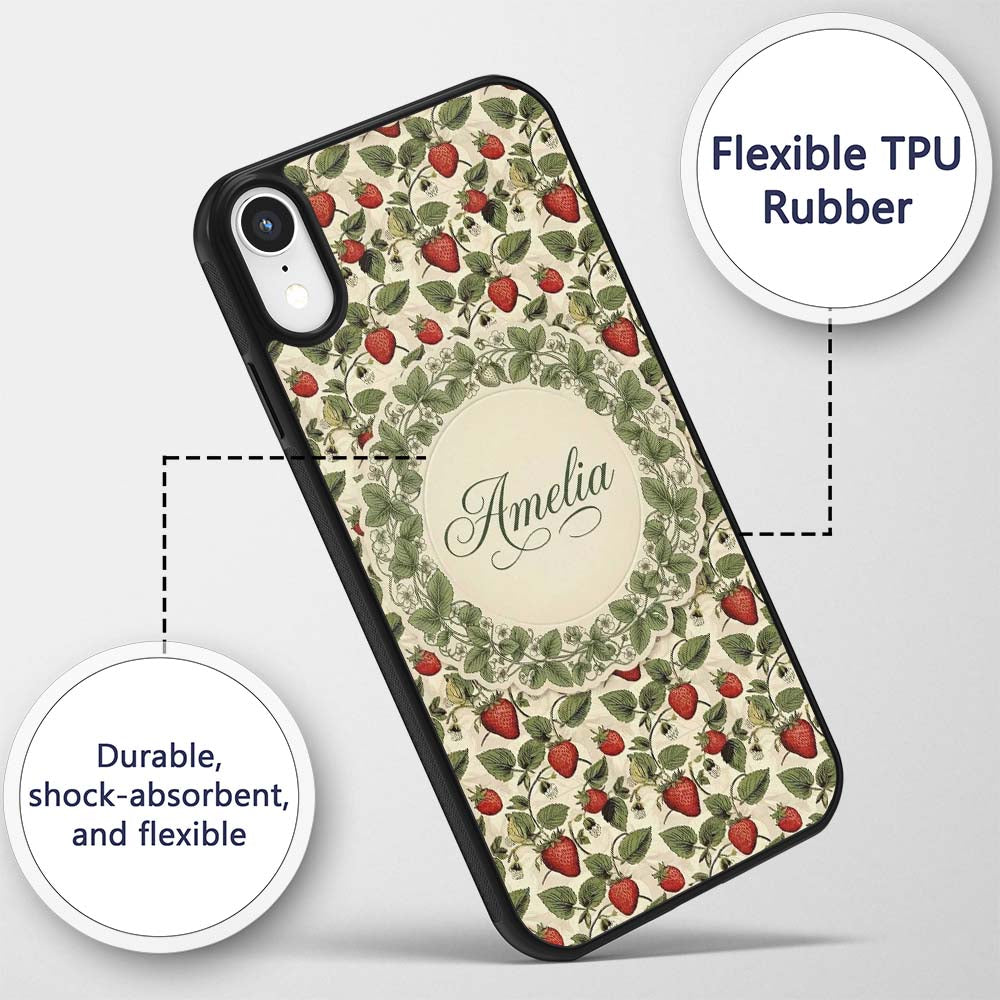 Vintage Strawberry Vine Rustic Wood Background Custom Name Protective Phone Case Mobile Cover Durable Everyday Smartphone Shock Resistant