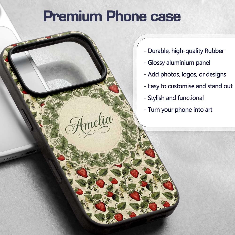 Vintage Strawberry Vine Rustic Wood Background Custom Name Protective Phone Case Mobile Cover Durable Everyday Smartphone Shock Resistant