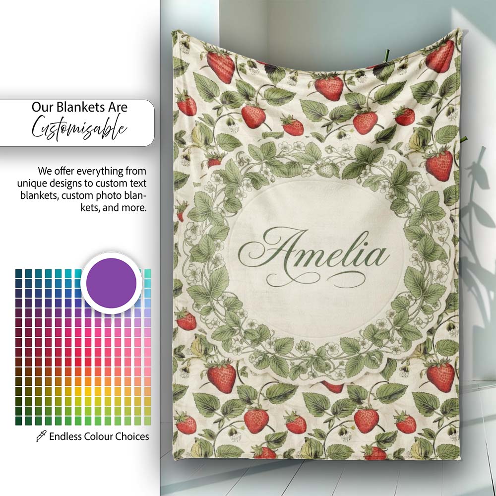 Vintage Strawberry Vine Rustic Wood Background Seamless Pattern Personalised Custom Name Super Soft Fleece Blanket Bed Sofa Throw