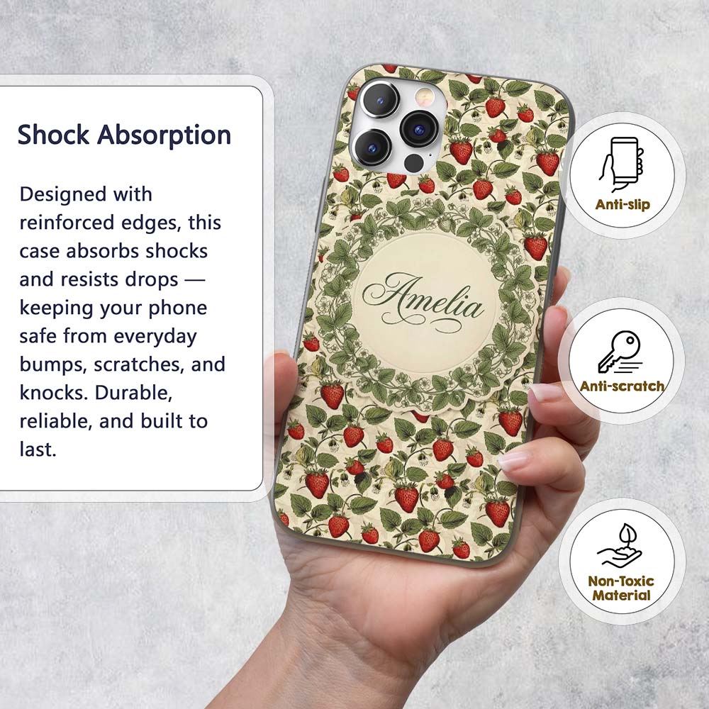 Vintage Strawberry Vine Rustic Wood Background Custom Name Protective Phone Case Mobile Cover Durable Everyday Smartphone Shock Resistant